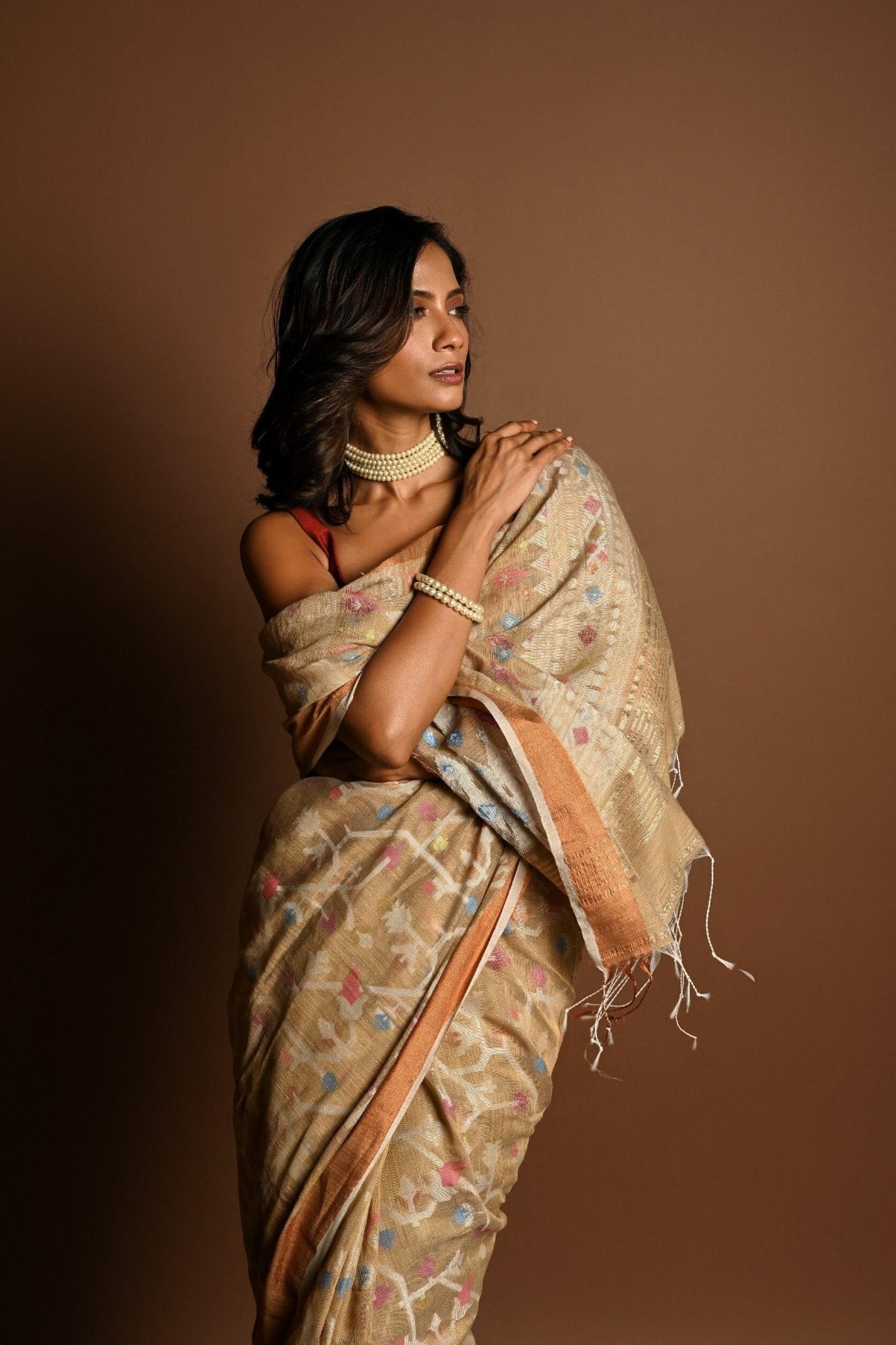 Cream Color Jamdani Saree with All Over Floral Weaving - Anvi Couture