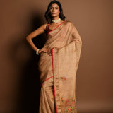 Light Brown Pure Linen Saree with Floral Resham Thread Embroidery Work - Anvi Couture