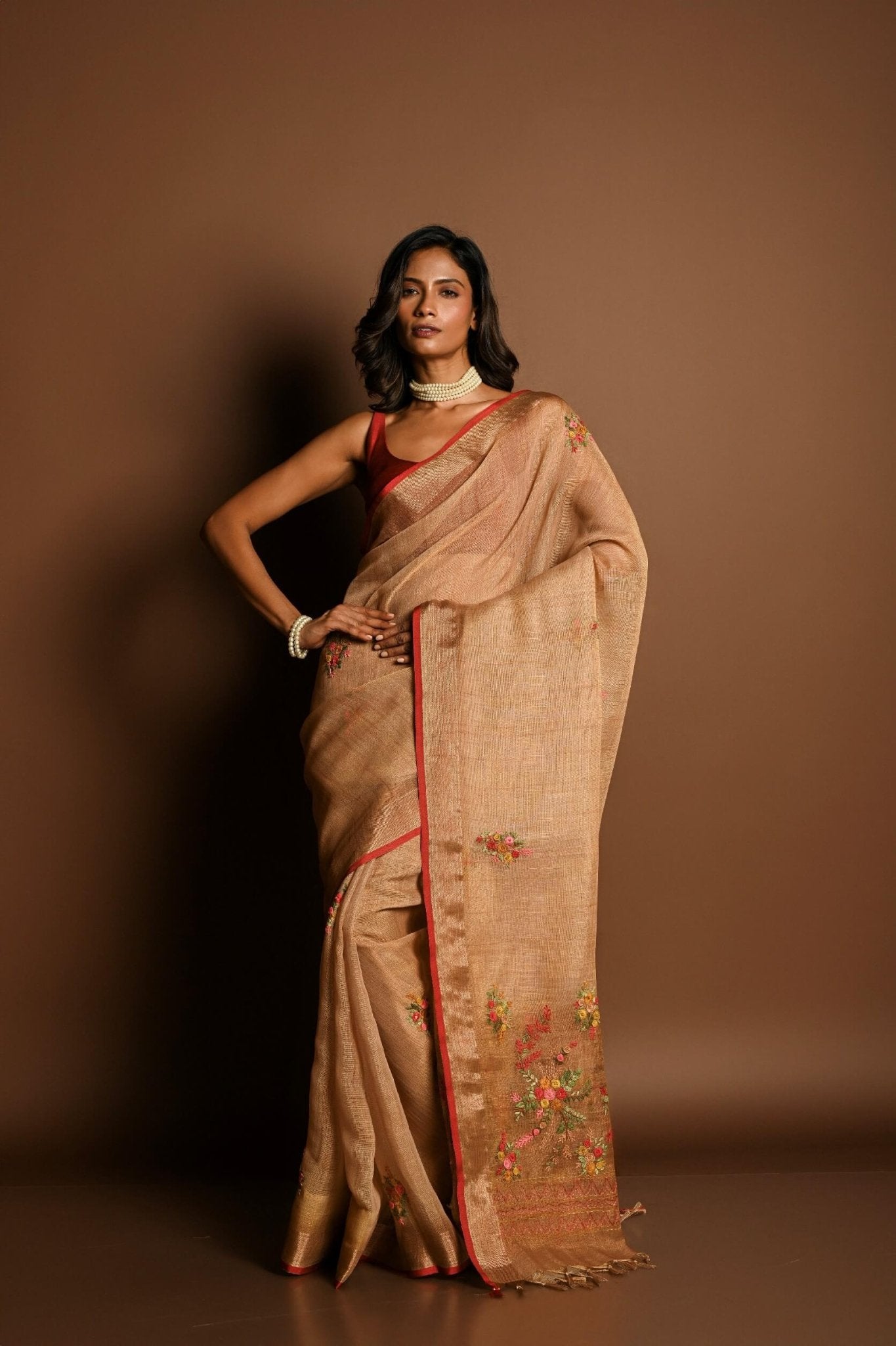 Light Brown Pure Linen Saree with Floral Resham Thread Embroidery Work - Anvi Couture
