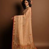 Light Brown Pure Linen Saree with Floral Resham Thread Embroidery Work - Anvi Couture