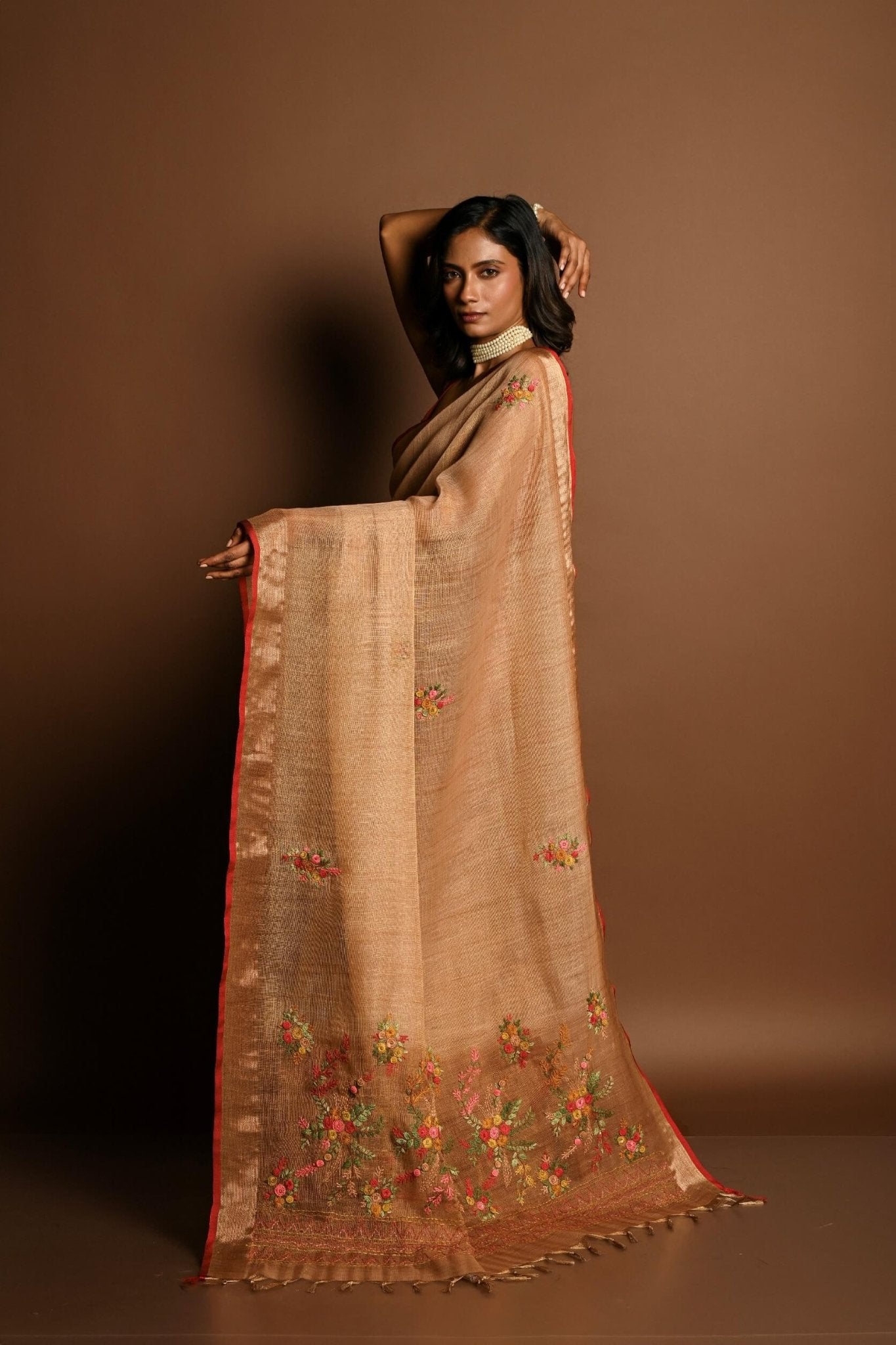 Light Brown Pure Linen Saree with Floral Resham Thread Embroidery Work - Anvi Couture