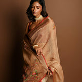Light Brown Pure Linen Saree with Floral Resham Thread Embroidery Work - Anvi Couture