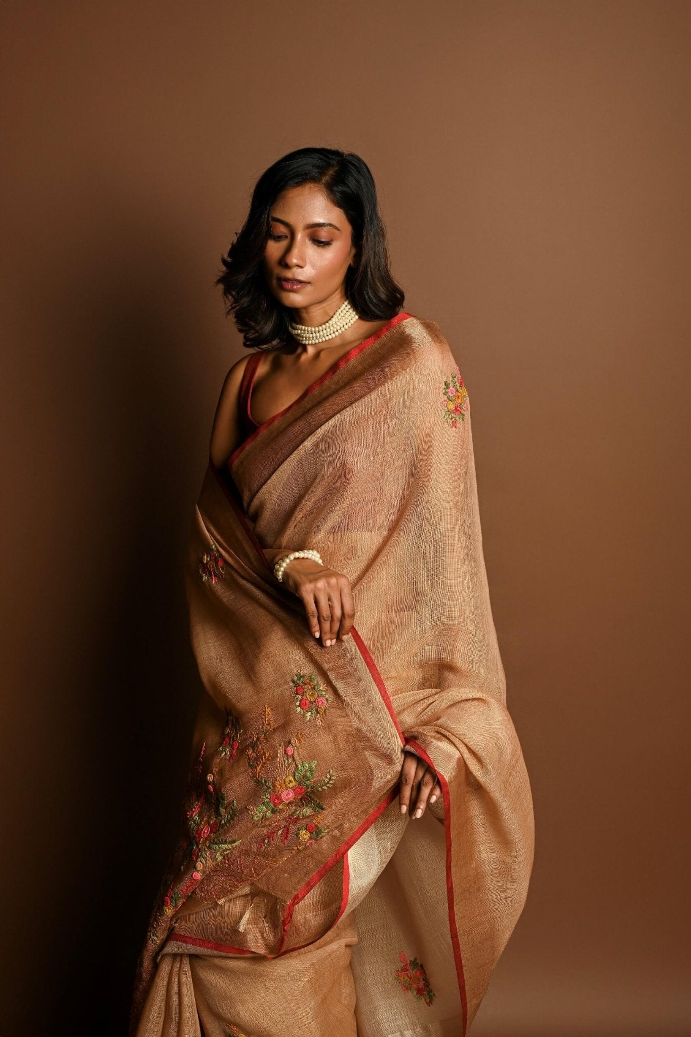 Light Brown Pure Linen Saree with Floral Resham Thread Embroidery Work - Anvi Couture