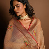Light Brown Pure Linen Saree with Floral Resham Thread Embroidery Work - Anvi Couture