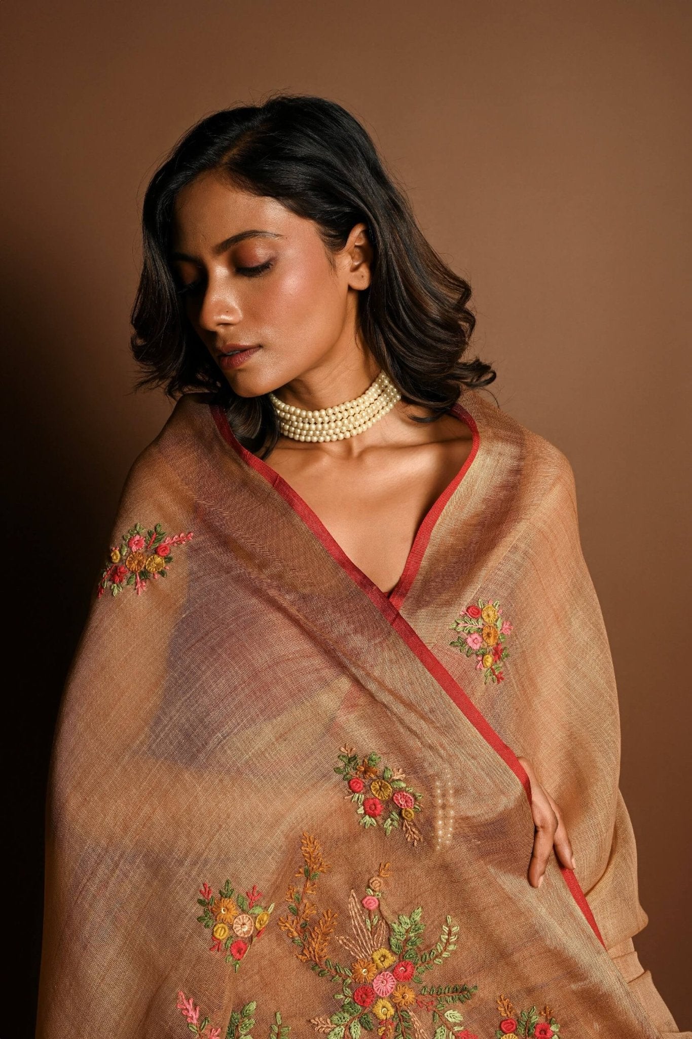 Light Brown Pure Linen Saree with Floral Resham Thread Embroidery Work - Anvi Couture