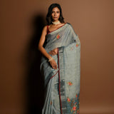 Grey Pure Linen Saree with Floral Resham Thread Embroidery Work - Anvi Couture