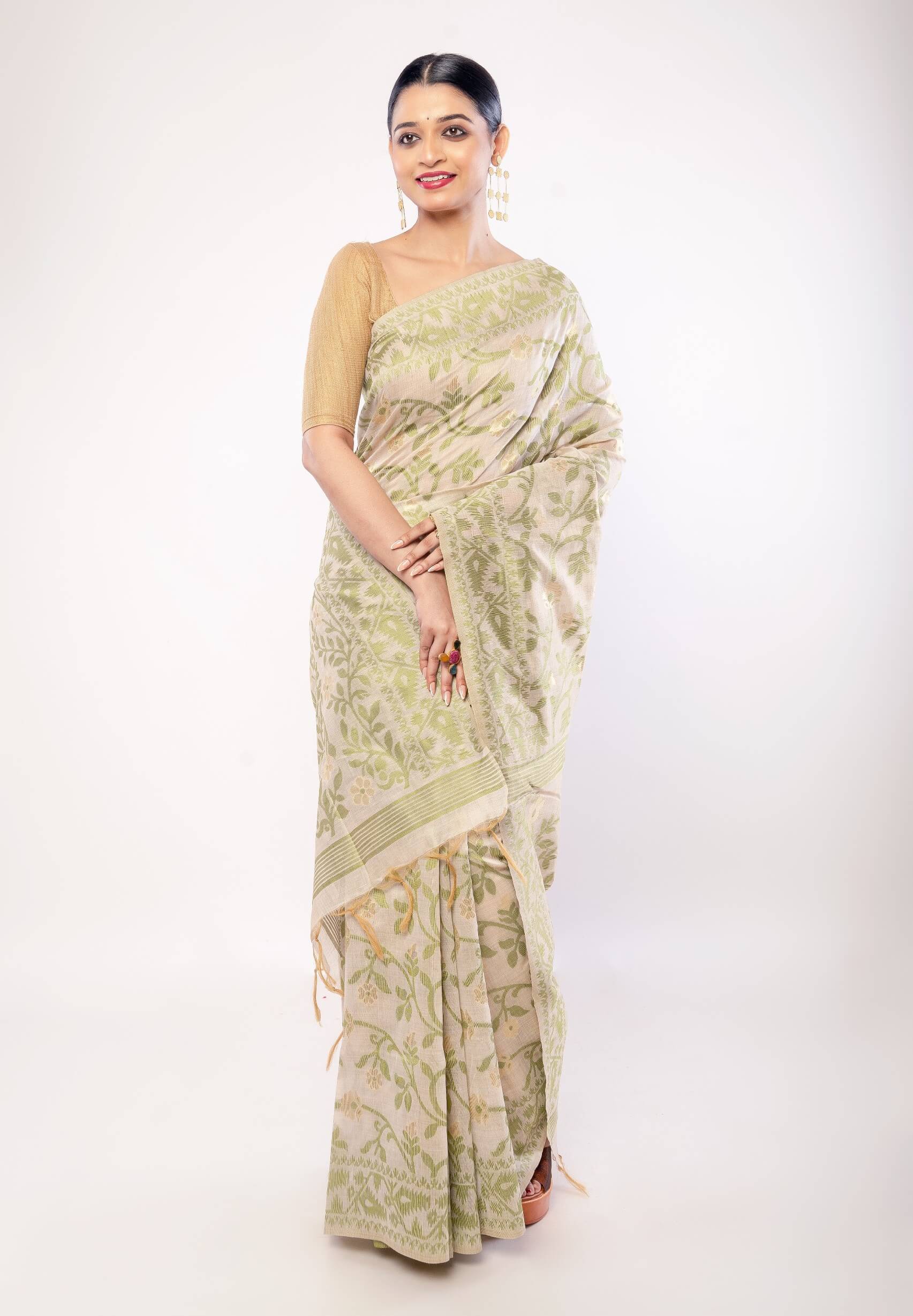 Off - White Jamdani Saree with All - Over Green and Gold Floral Motifs - Anvi Couture