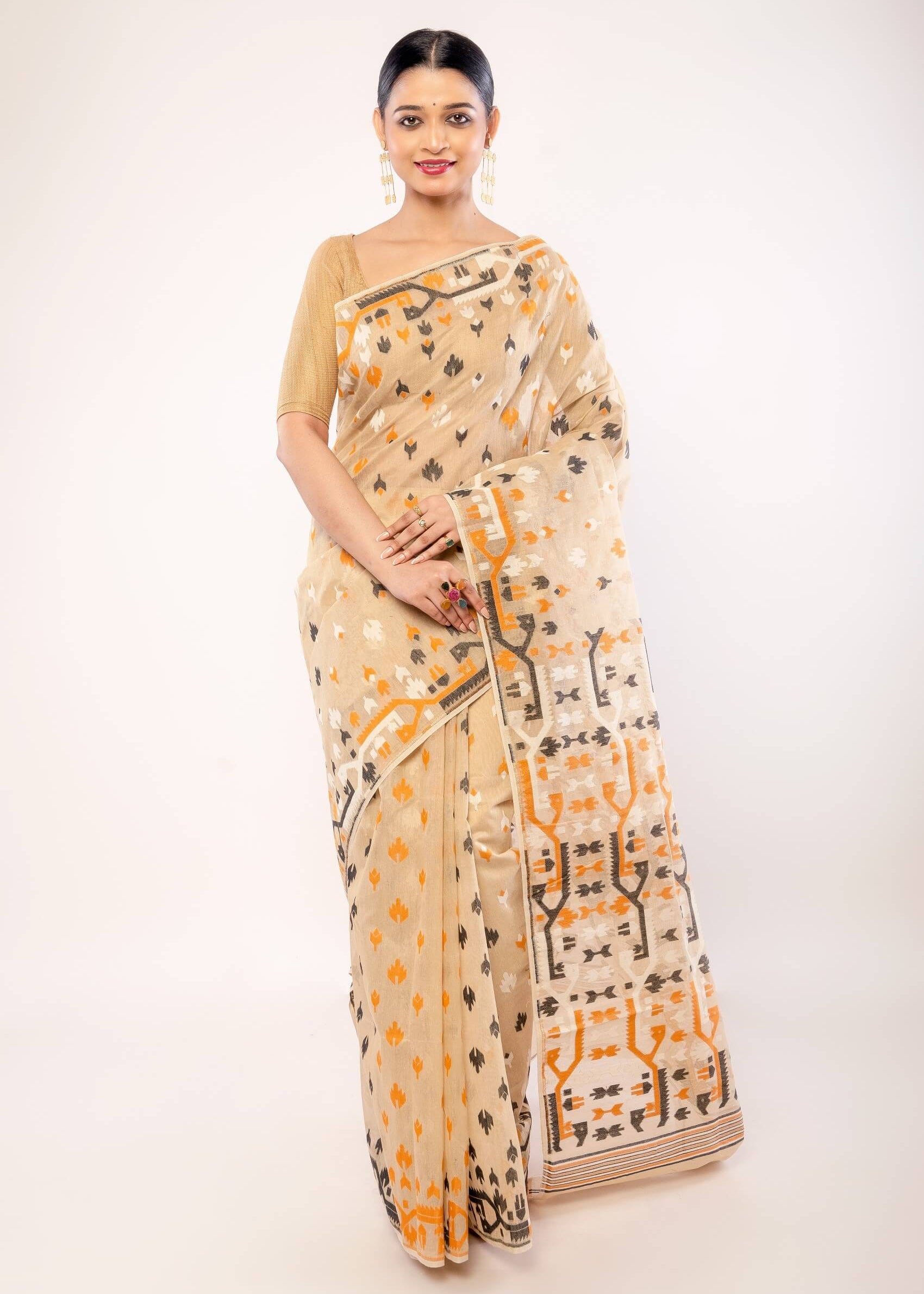 Cream Cotton Pure Dhakai Jamdani Saree with All Over Motifs - Anvi Couture