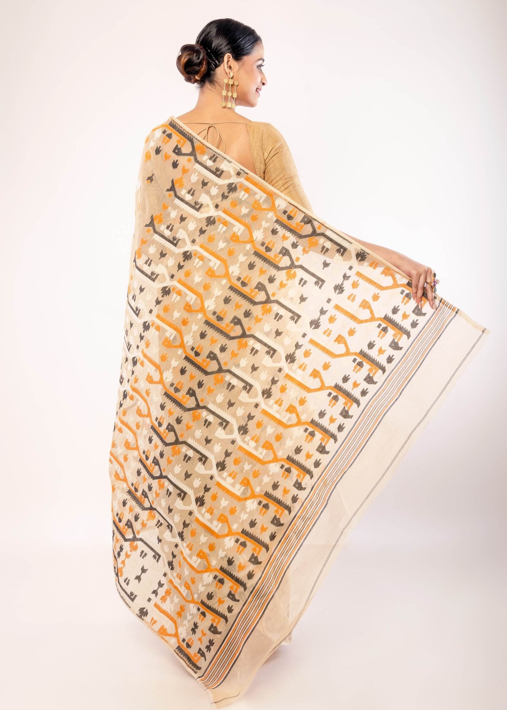 Cream Cotton Pure Dhakai Jamdani Saree with All Over Motifs - Anvi Couture