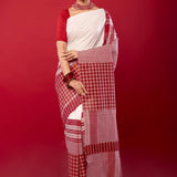 White and Red Cotton Saree with Gamcha Print Border and Pallu - Anvi Couture