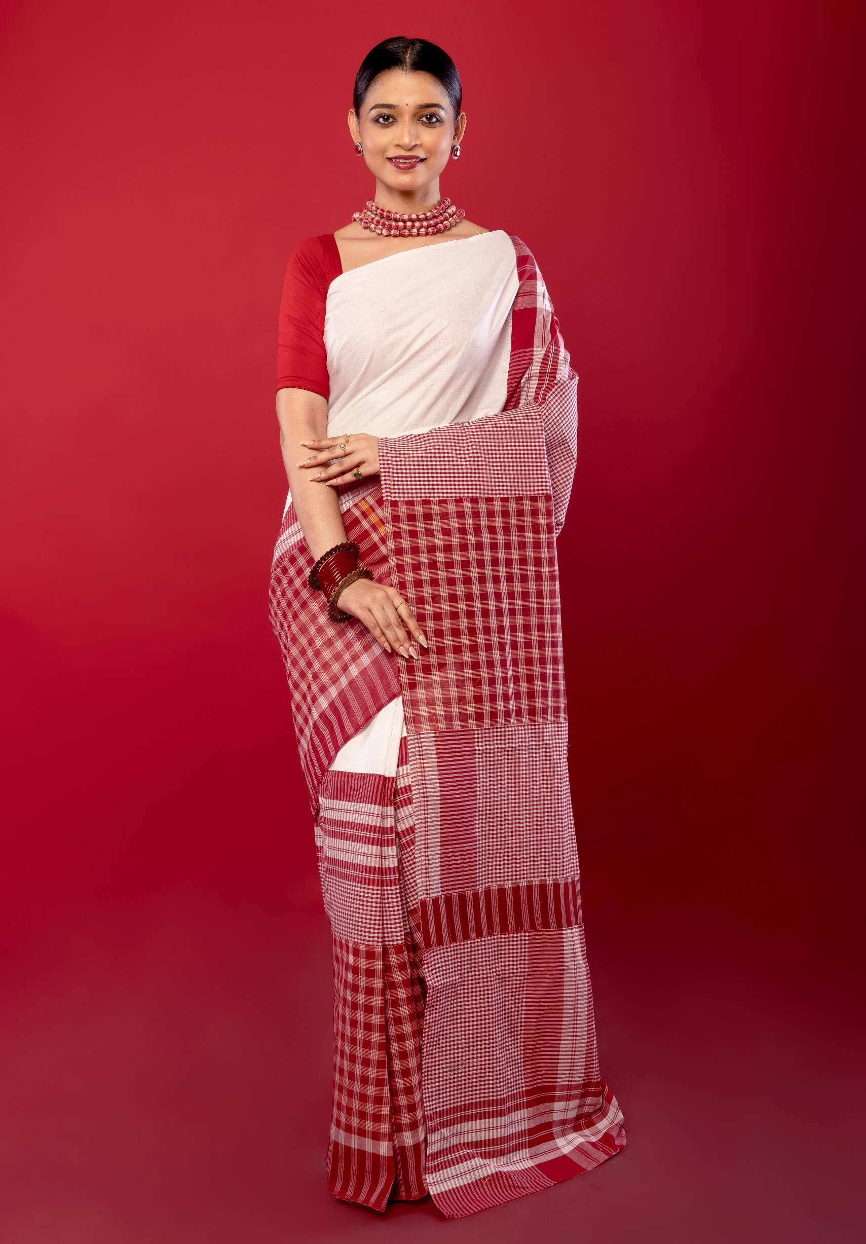 White and Red Cotton Saree with Gamcha Print Border and Pallu - Anvi Couture
