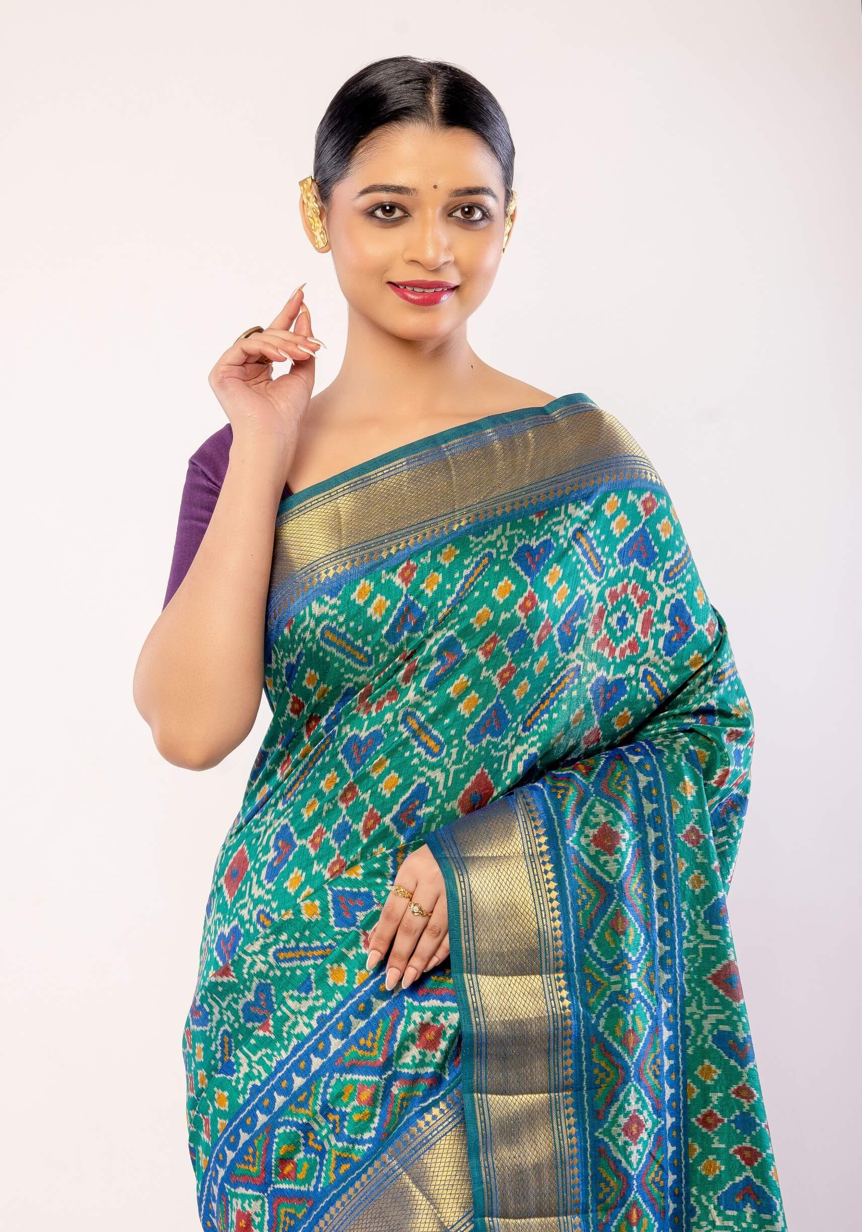Green Patola Silk Saree with Gold Border - Anvi Couture
