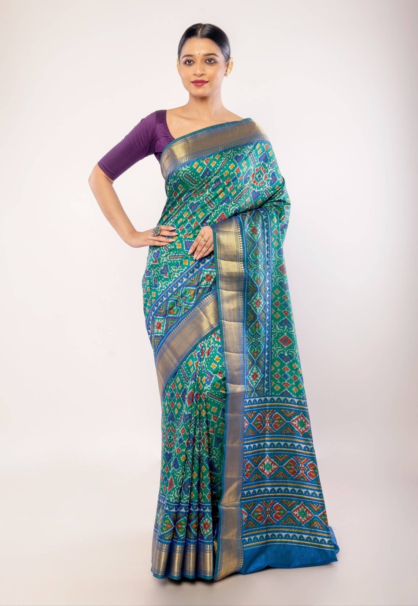 Green Patola Silk Saree with Gold Border - Anvi Couture