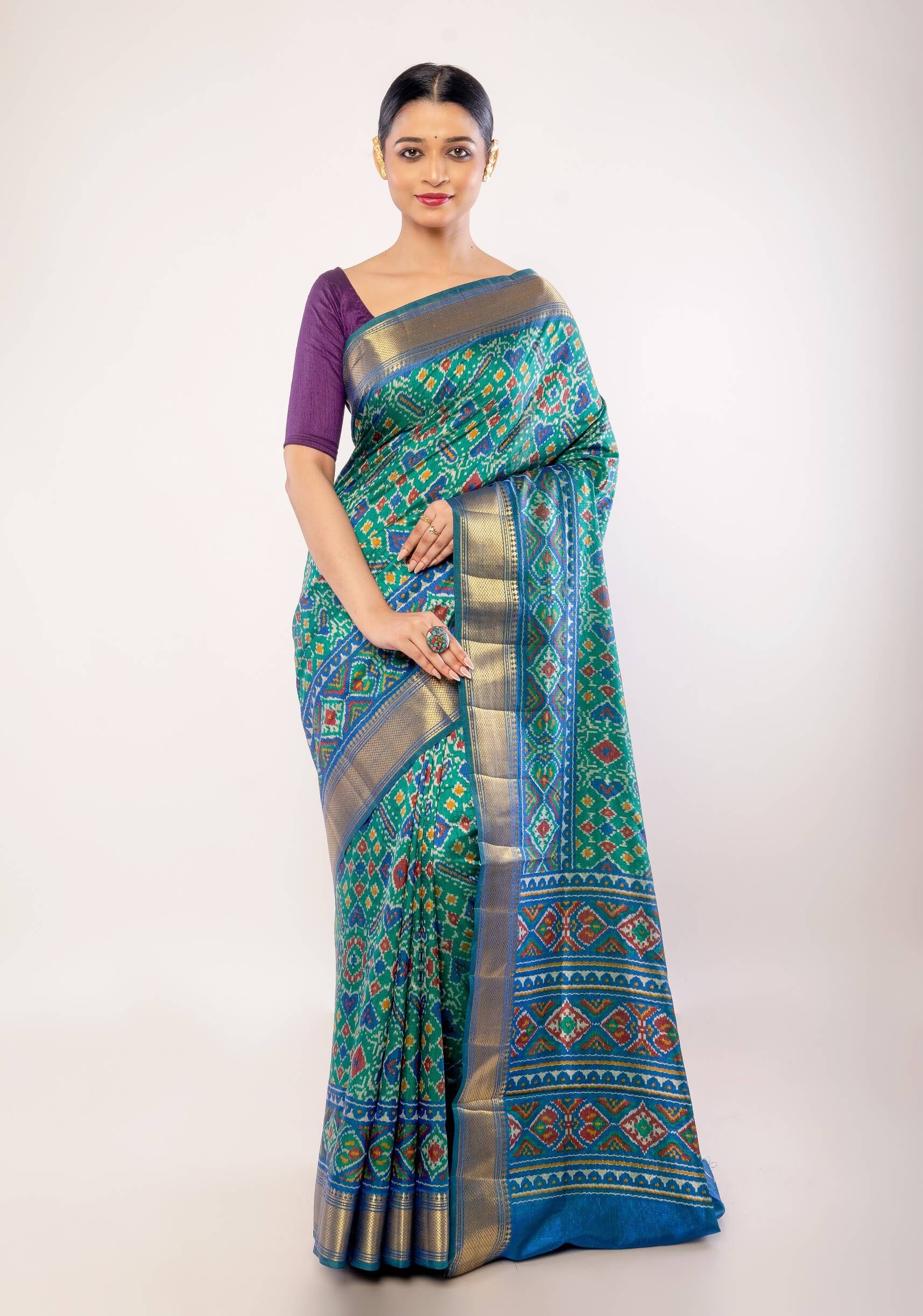 Green Patola Silk Saree with Gold Border - Anvi Couture