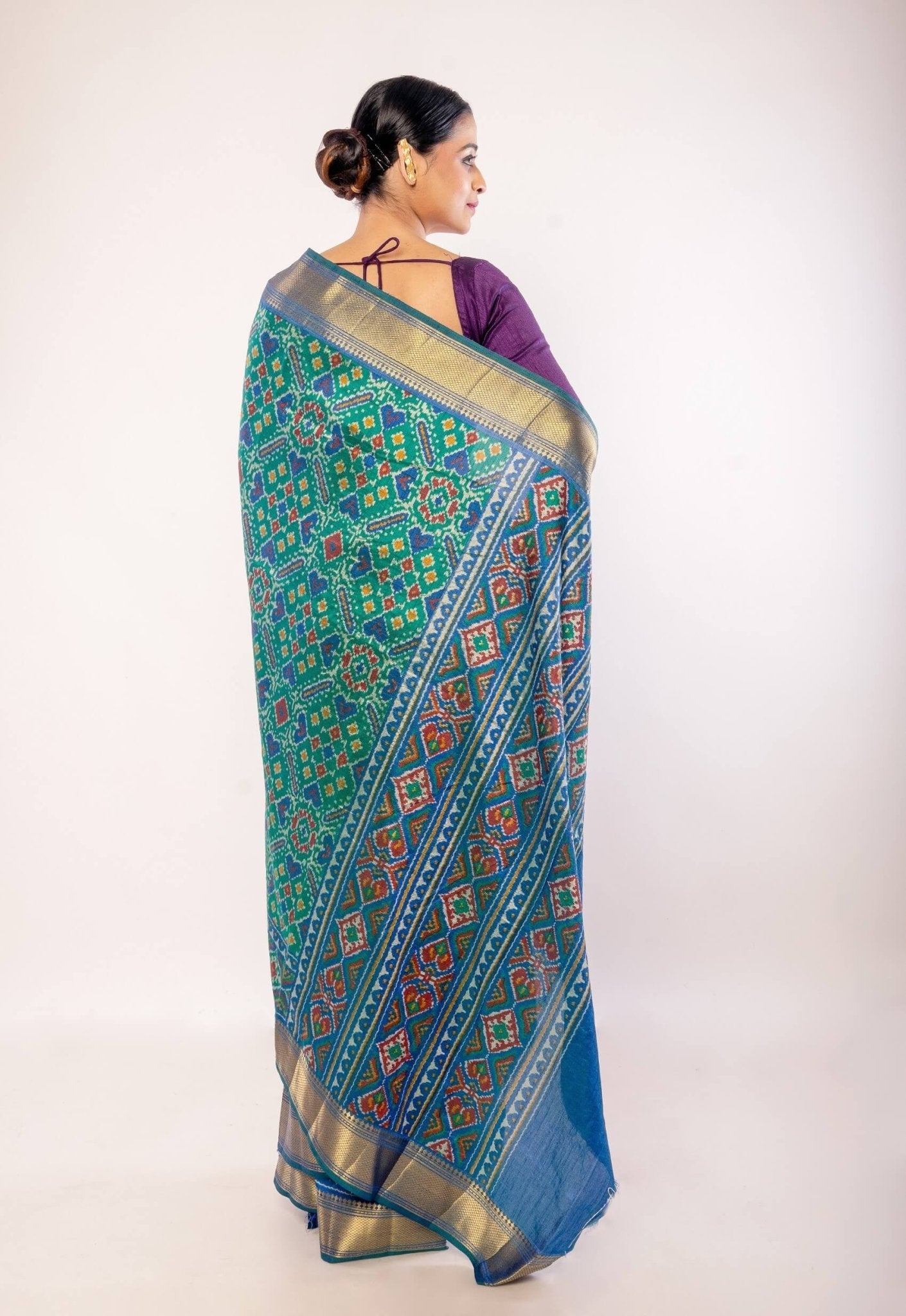 Green Patola Silk Saree with Gold Border - Anvi Couture