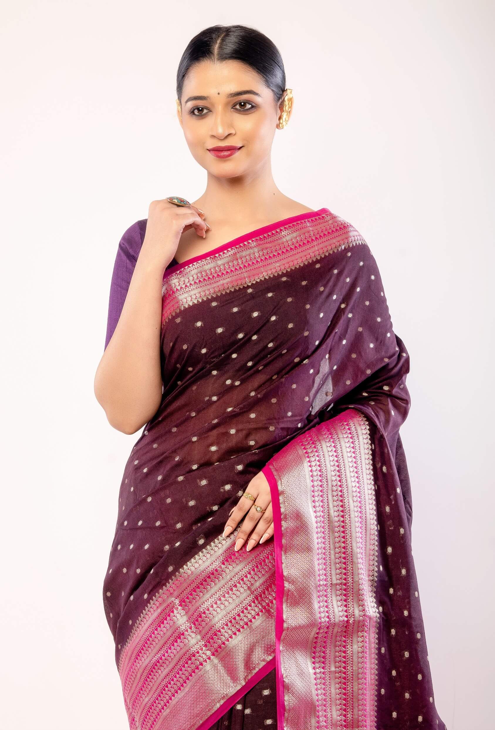 Dark Purple Organza Saree with All - Over Gold Zari Boota and Pink Contrasting Border - Anvi Couture