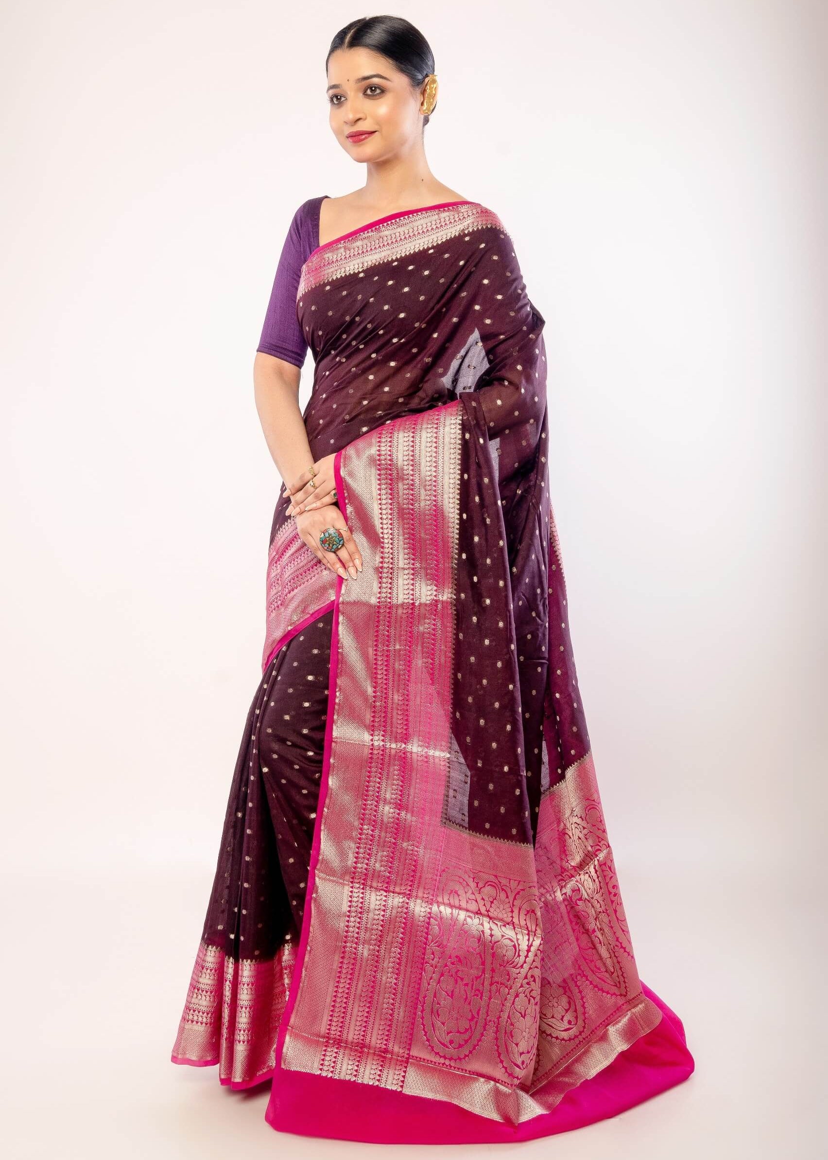 Dark Purple Organza Saree with All - Over Gold Zari Boota and Pink Contrasting Border - Anvi Couture