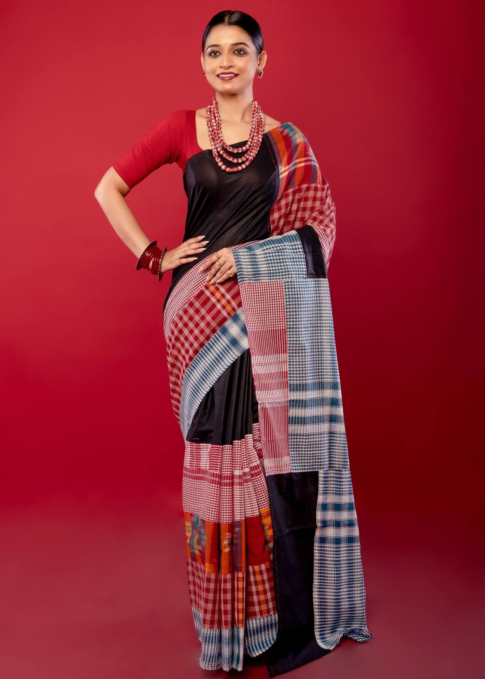 Black Multicolored Pure Cotton Gamcha Saree - Anvi Couture