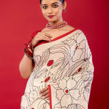 White Cotton Handloom Printed Saree - Anvi Couture