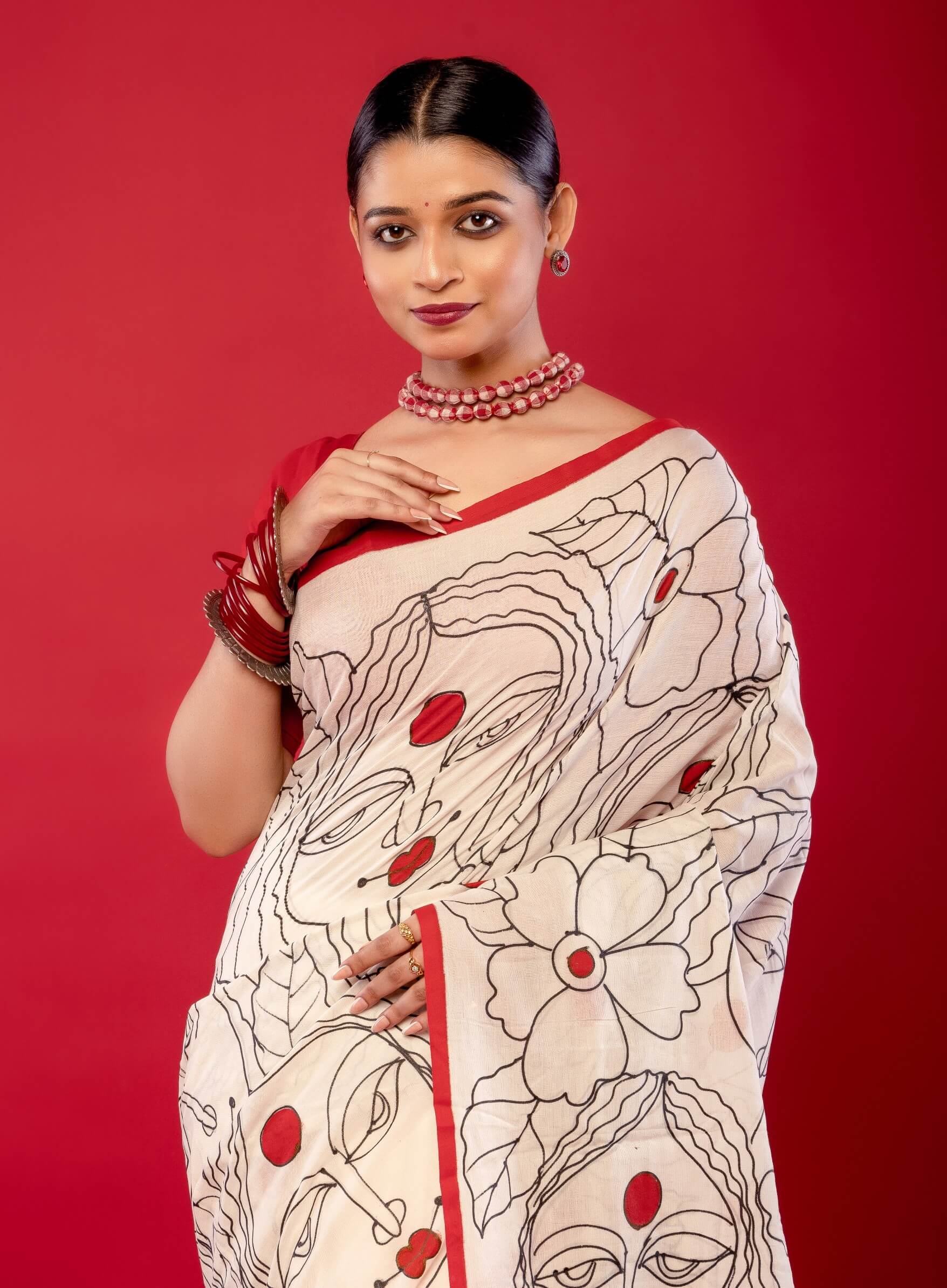 White Cotton Handloom Printed Saree - Anvi Couture