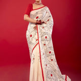 White Cotton Handloom Printed Saree - Anvi Couture