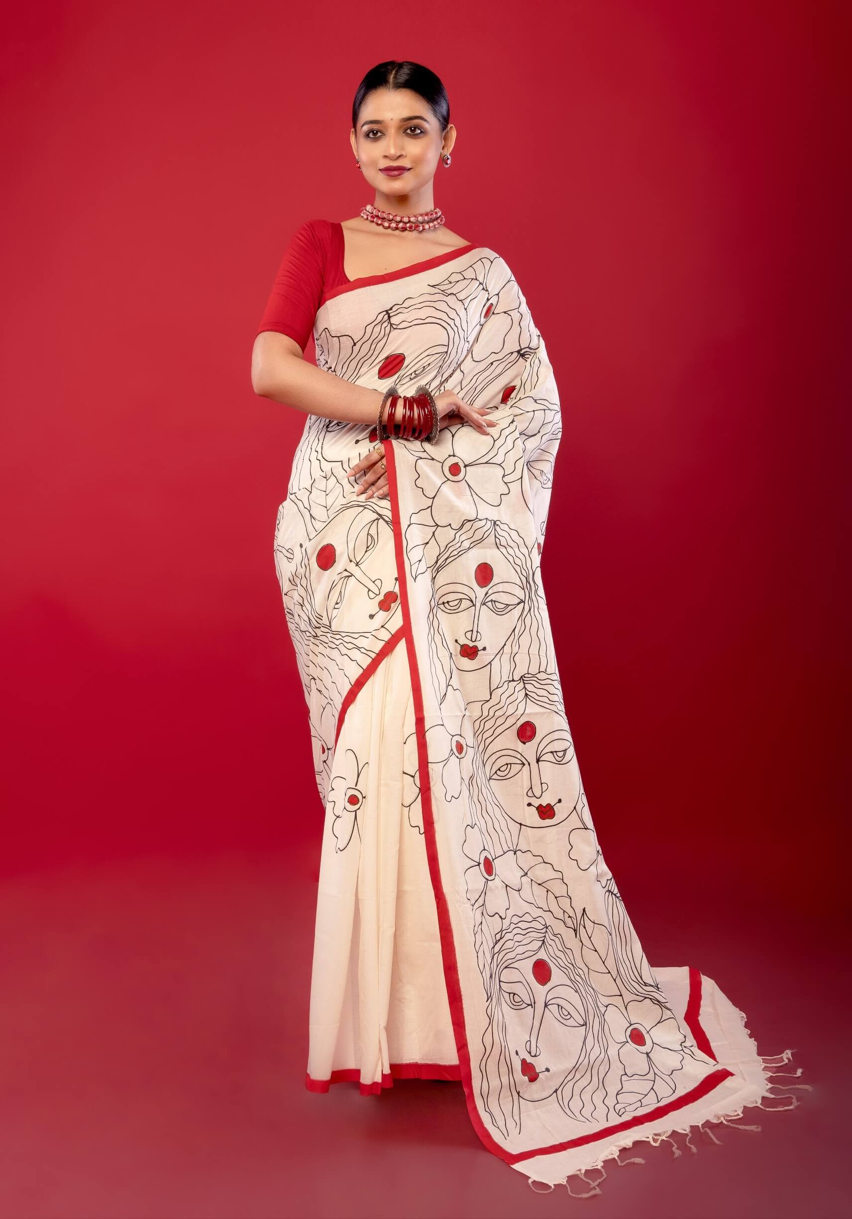 White Cotton Handloom Printed Saree - Anvi Couture