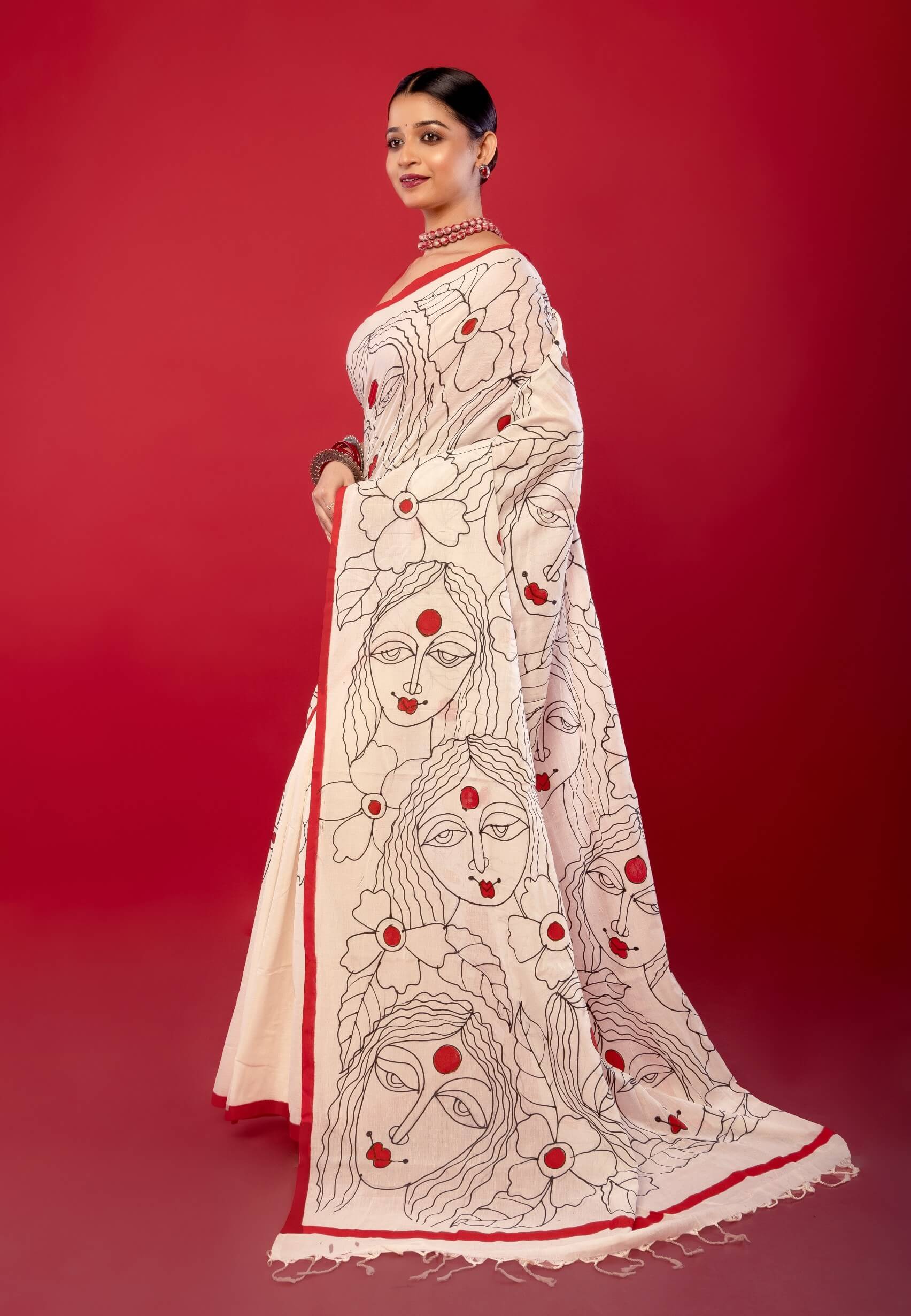 White Cotton Handloom Printed Saree - Anvi Couture