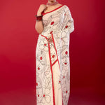 White Cotton Handloom Printed Saree - Anvi Couture