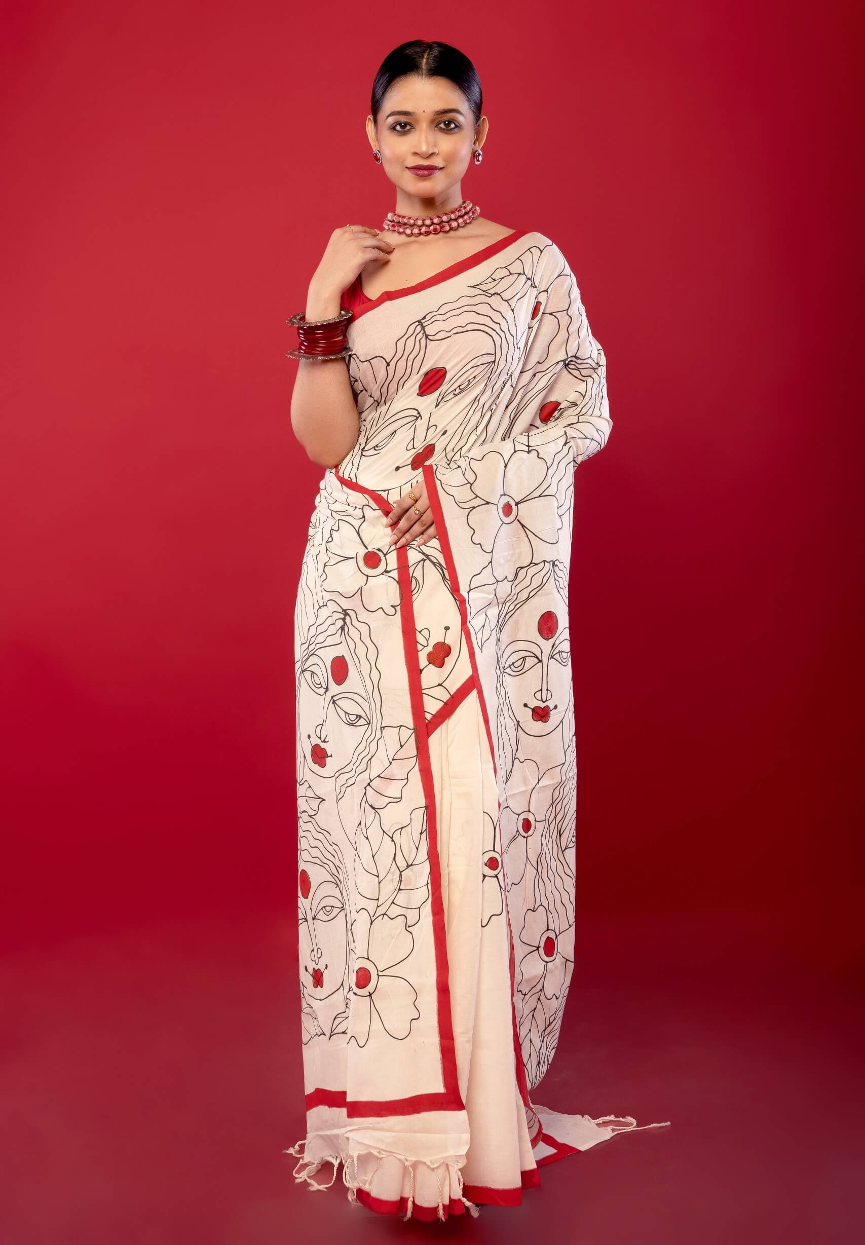 White Cotton Handloom Printed Saree - Anvi Couture