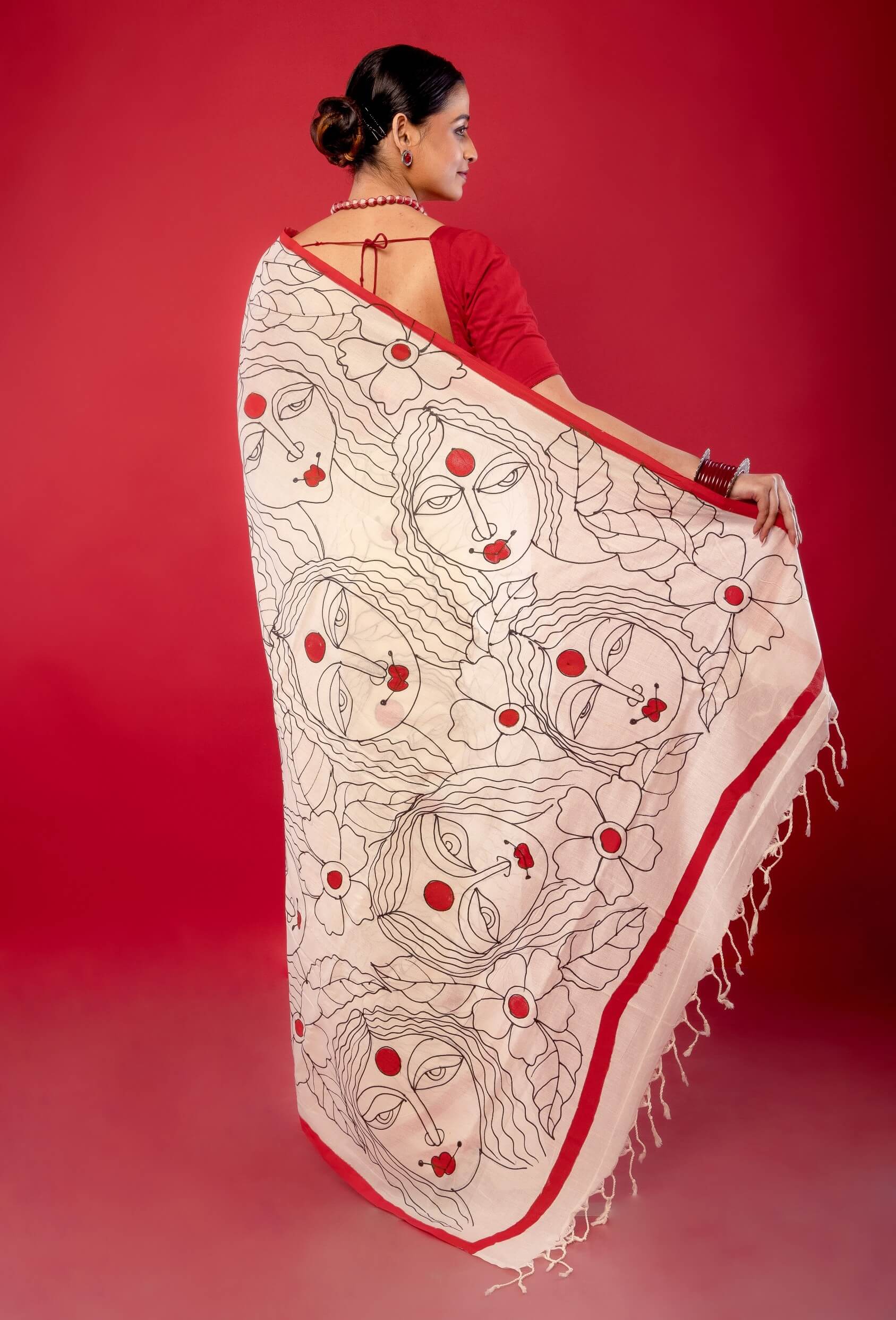 White Cotton Handloom Printed Saree - Anvi Couture
