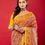 Peach and Yellow Original Bangladeshi Dhakai Jamdani Saree - Anvi Couture