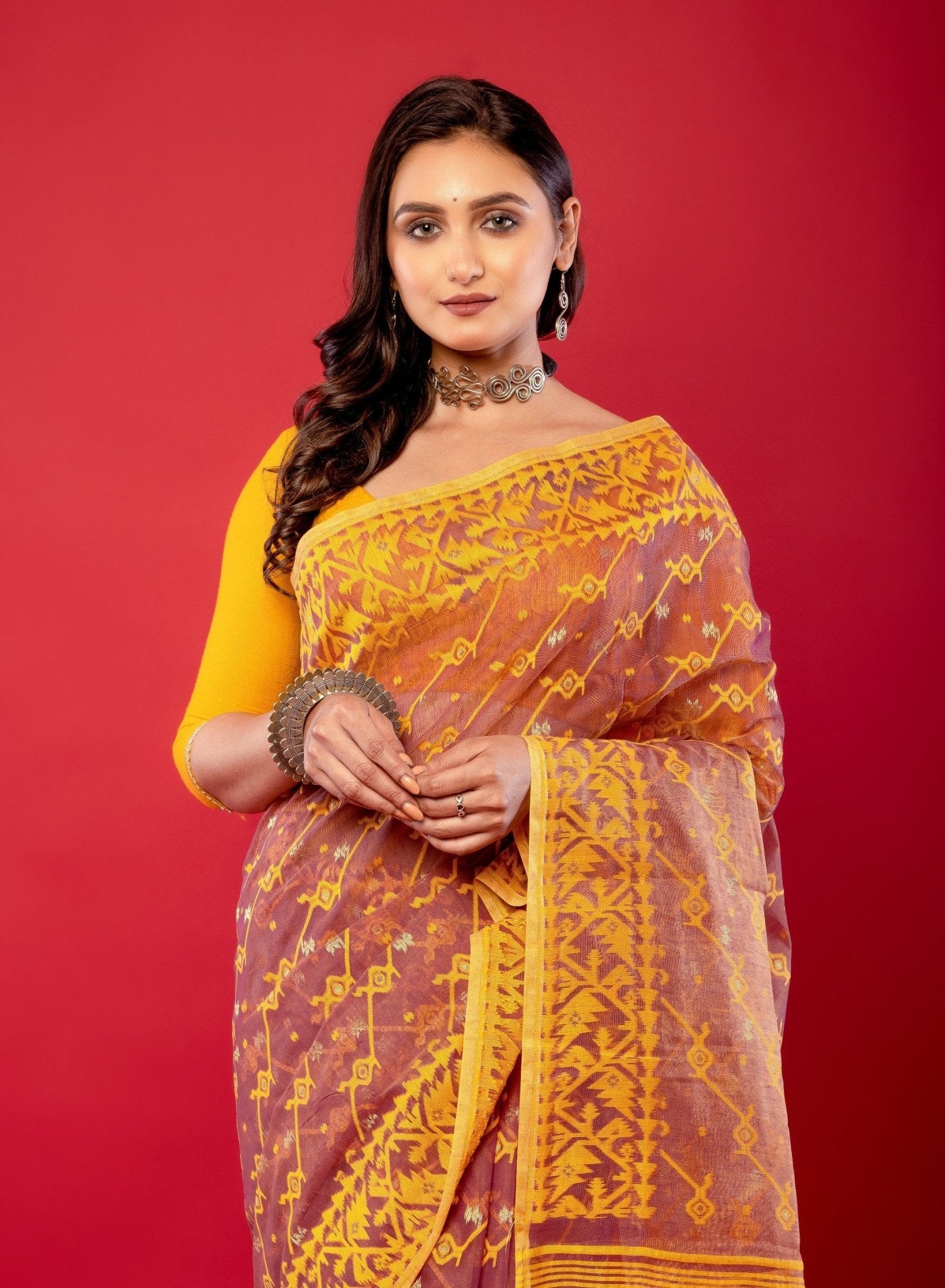 Peach and Yellow Original Bangladeshi Dhakai Jamdani Saree - Anvi Couture