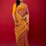 Peach and Yellow Original Bangladeshi Dhakai Jamdani Saree - Anvi Couture