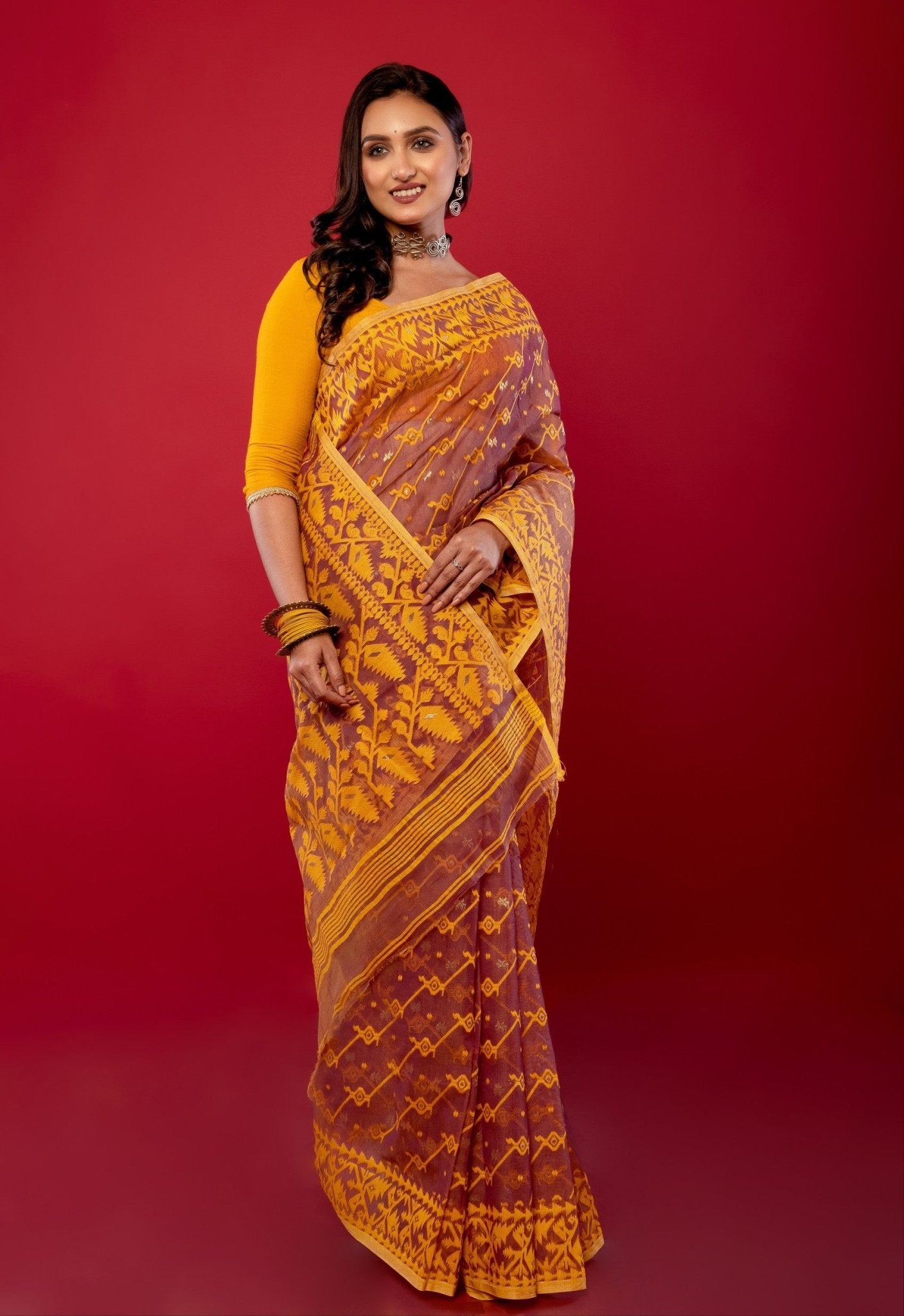 Peach and Yellow Original Bangladeshi Dhakai Jamdani Saree - Anvi Couture