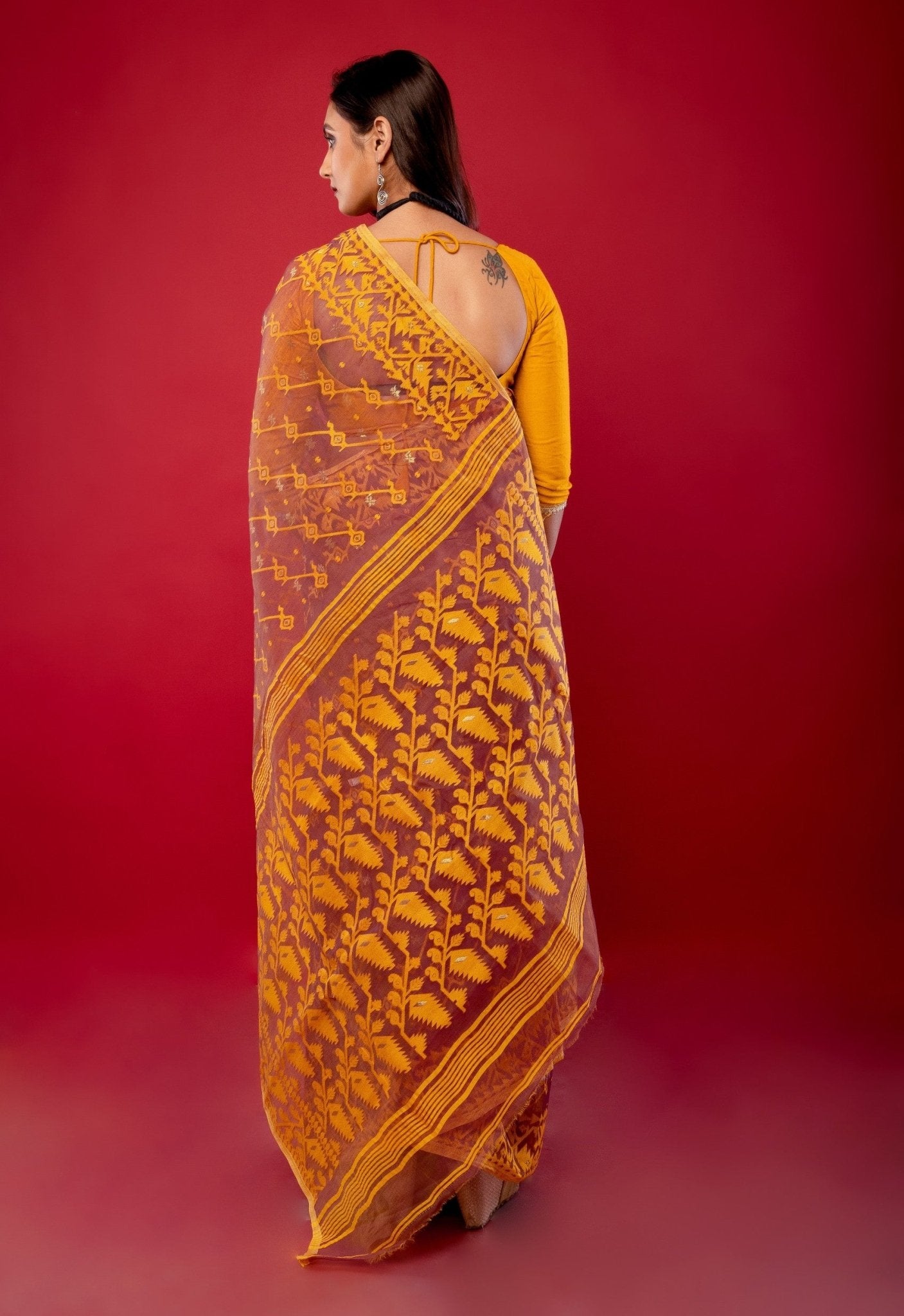 Peach and Yellow Original Bangladeshi Dhakai Jamdani Saree - Anvi Couture