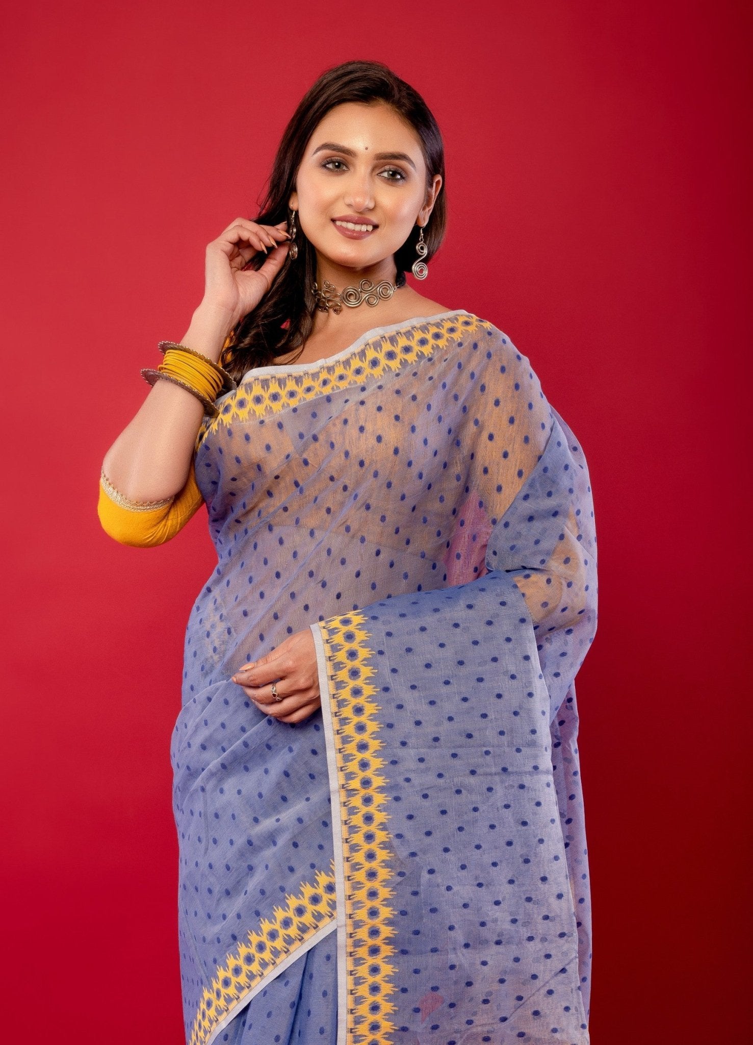 Blue and Yellow Original Bangladeshi Dhakai Jamdani Cotton Saree - Anvi Couture
