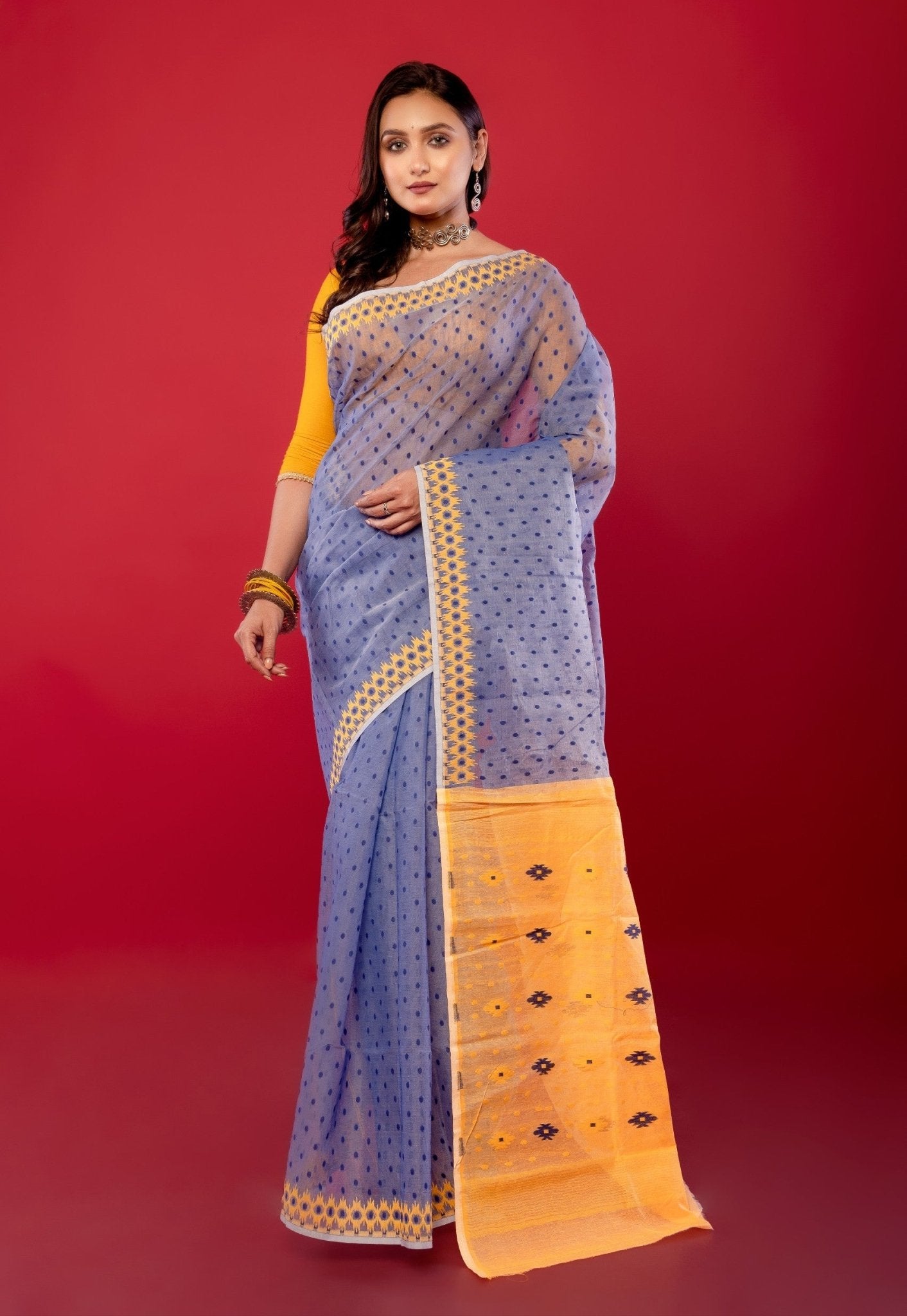 Blue and Yellow Original Bangladeshi Dhakai Jamdani Cotton Saree - Anvi Couture