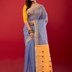 Blue and Yellow Original Bangladeshi Dhakai Jamdani Cotton Saree - Anvi Couture