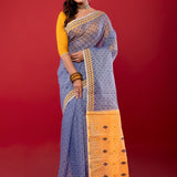 Blue and Yellow Original Bangladeshi Dhakai Jamdani Cotton Saree - Anvi Couture