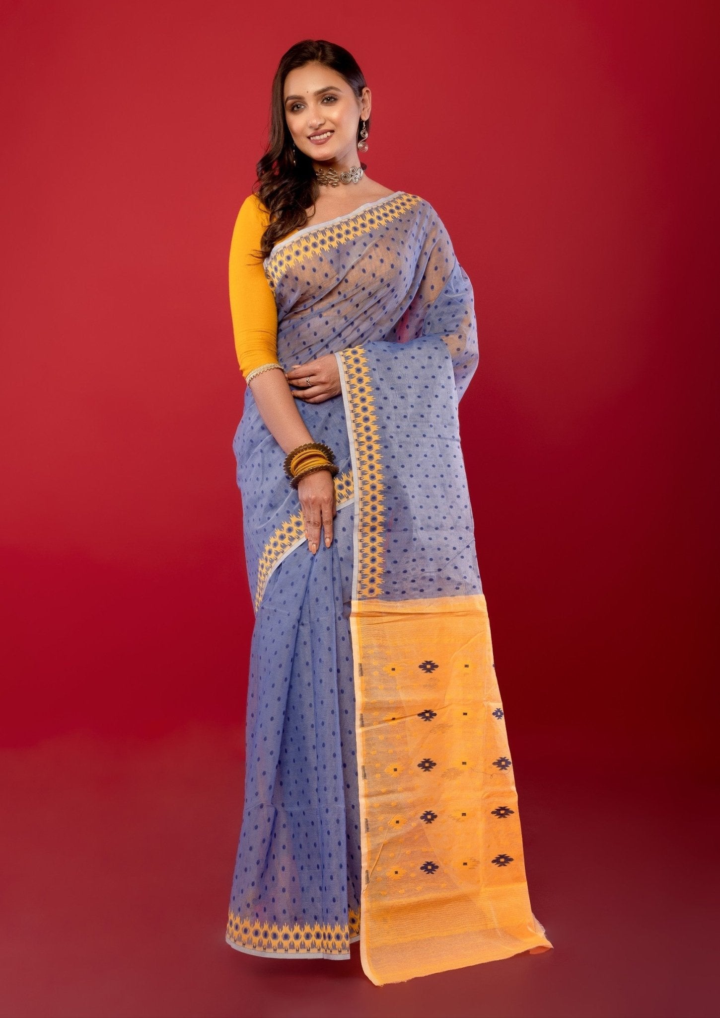 Blue and Yellow Original Bangladeshi Dhakai Jamdani Cotton Saree - Anvi Couture
