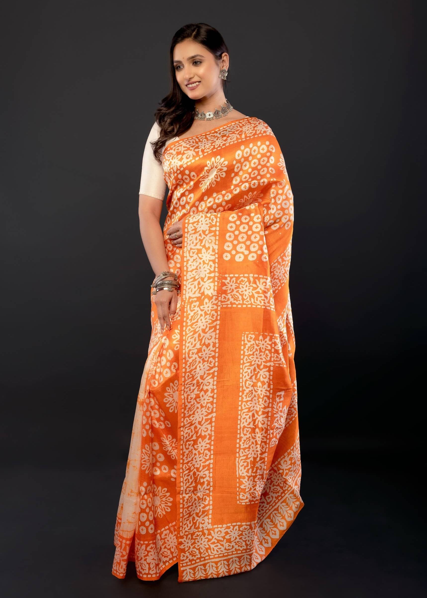 Orange and White Pure Batik Print Silk Saree - Anvi Couture