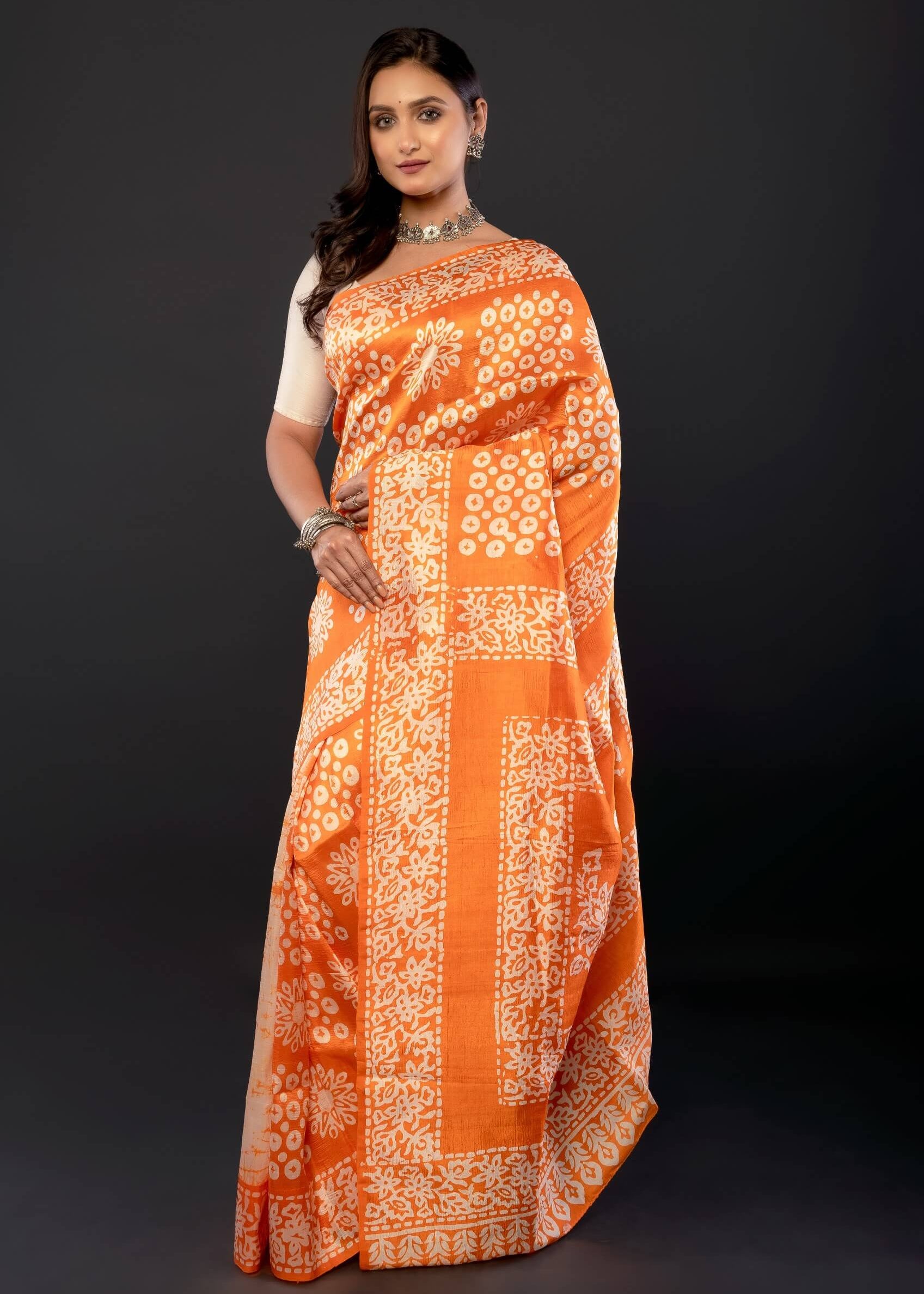 Orange and White Pure Batik Print Silk Saree - Anvi Couture
