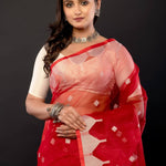 Red Handloom Muslin Jamdani Saree with All Over Boota and Contrasting White Temple Border - Anvi Couture