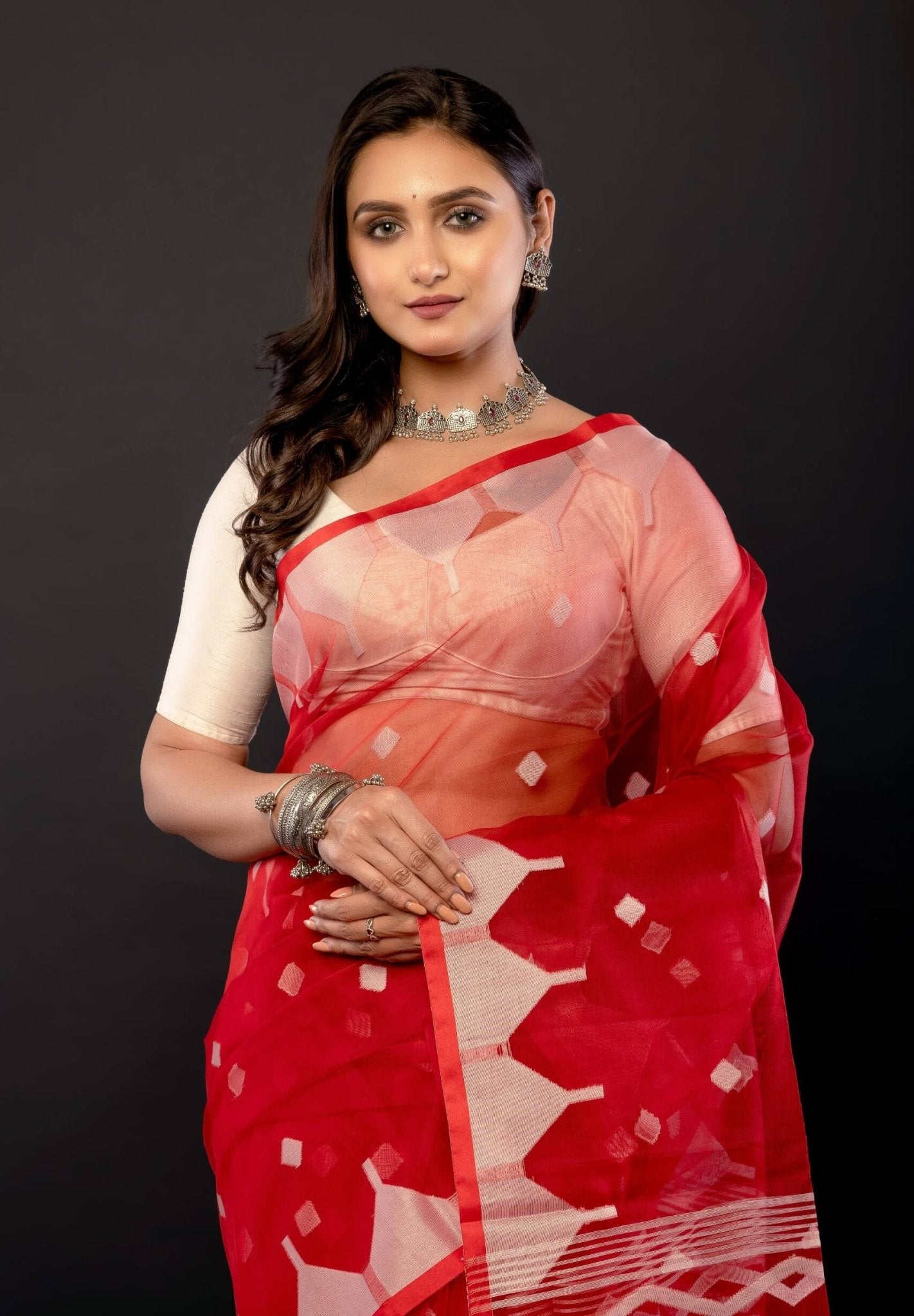 Red Handloom Muslin Jamdani Saree with All Over Boota and Contrasting White Temple Border - Anvi Couture