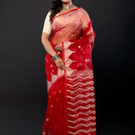 Red Handloom Muslin Jamdani Saree with All Over Boota and Contrasting White Temple Border - Anvi Couture
