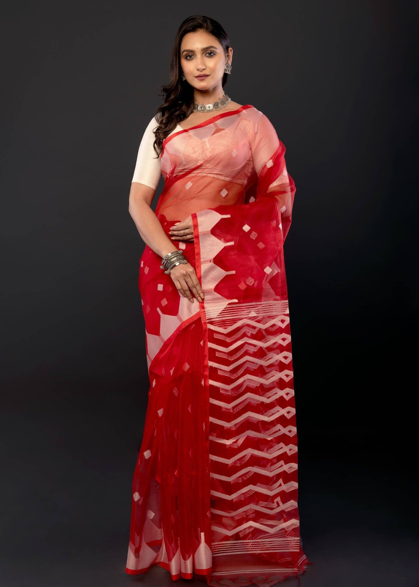 Red Handloom Muslin Jamdani Saree with All Over Boota and Contrasting White Temple Border - Anvi Couture