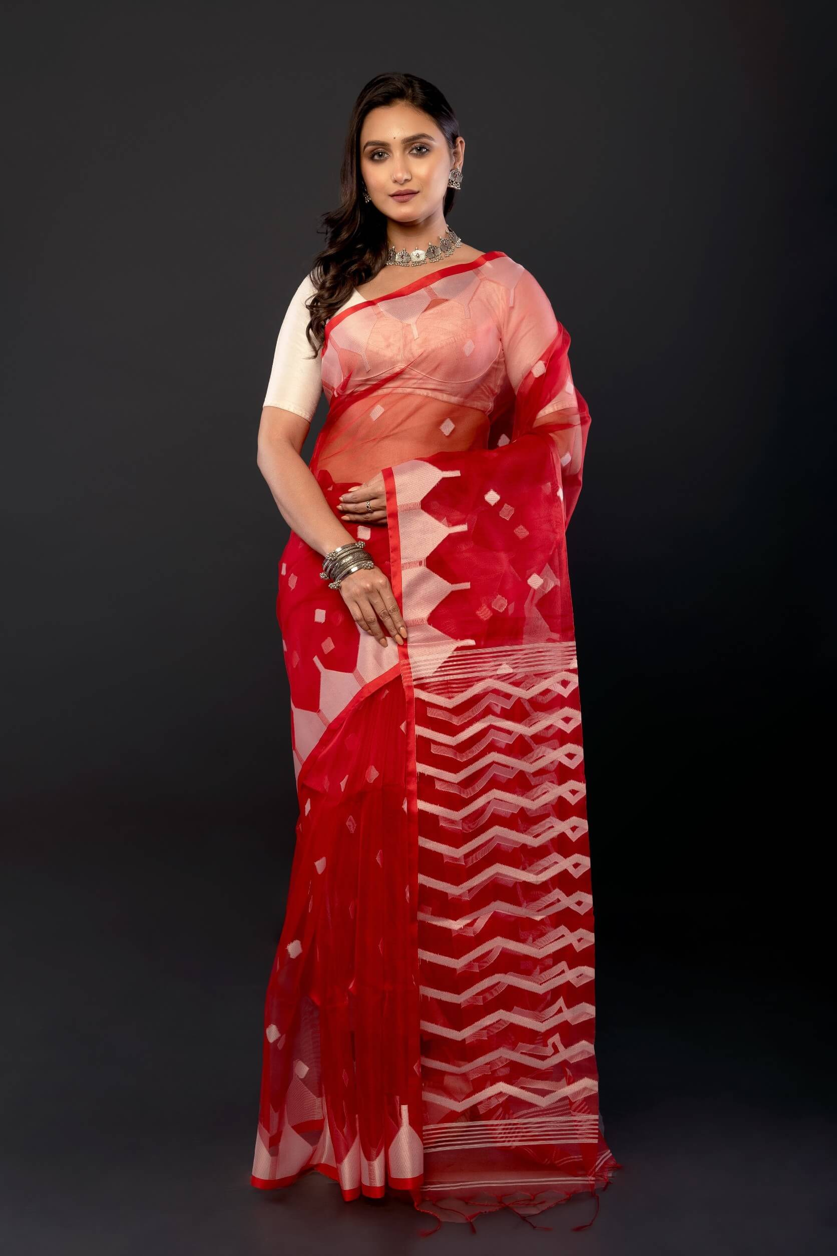 Red Handloom Muslin Jamdani Saree with All Over Boota and Contrasting White Temple Border - Anvi Couture