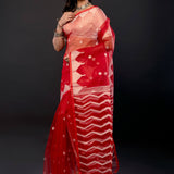 Red Handloom Muslin Jamdani Saree with All Over Boota and Contrasting White Temple Border - Anvi Couture