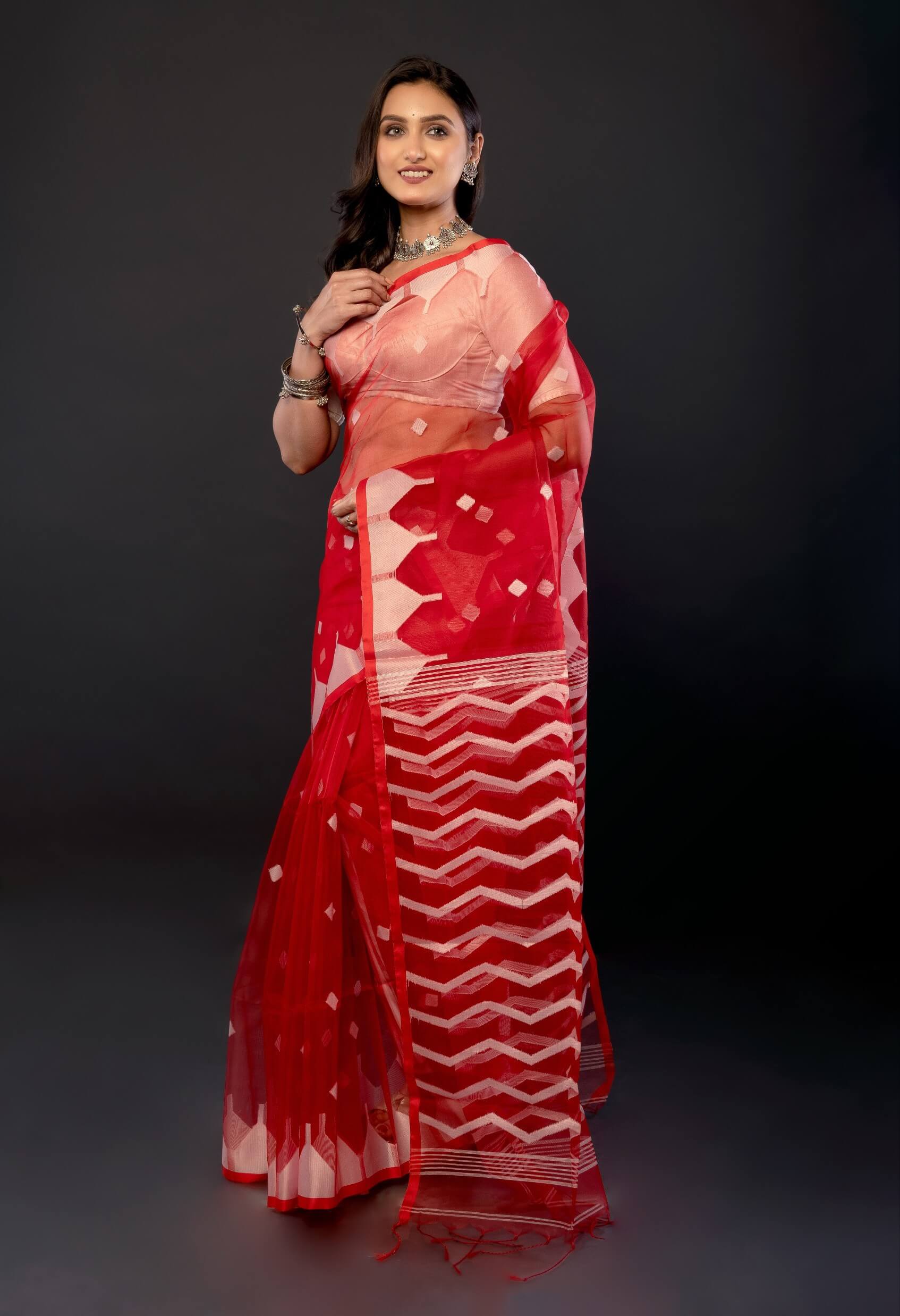 Red Handloom Muslin Jamdani Saree with All Over Boota and Contrasting White Temple Border - Anvi Couture