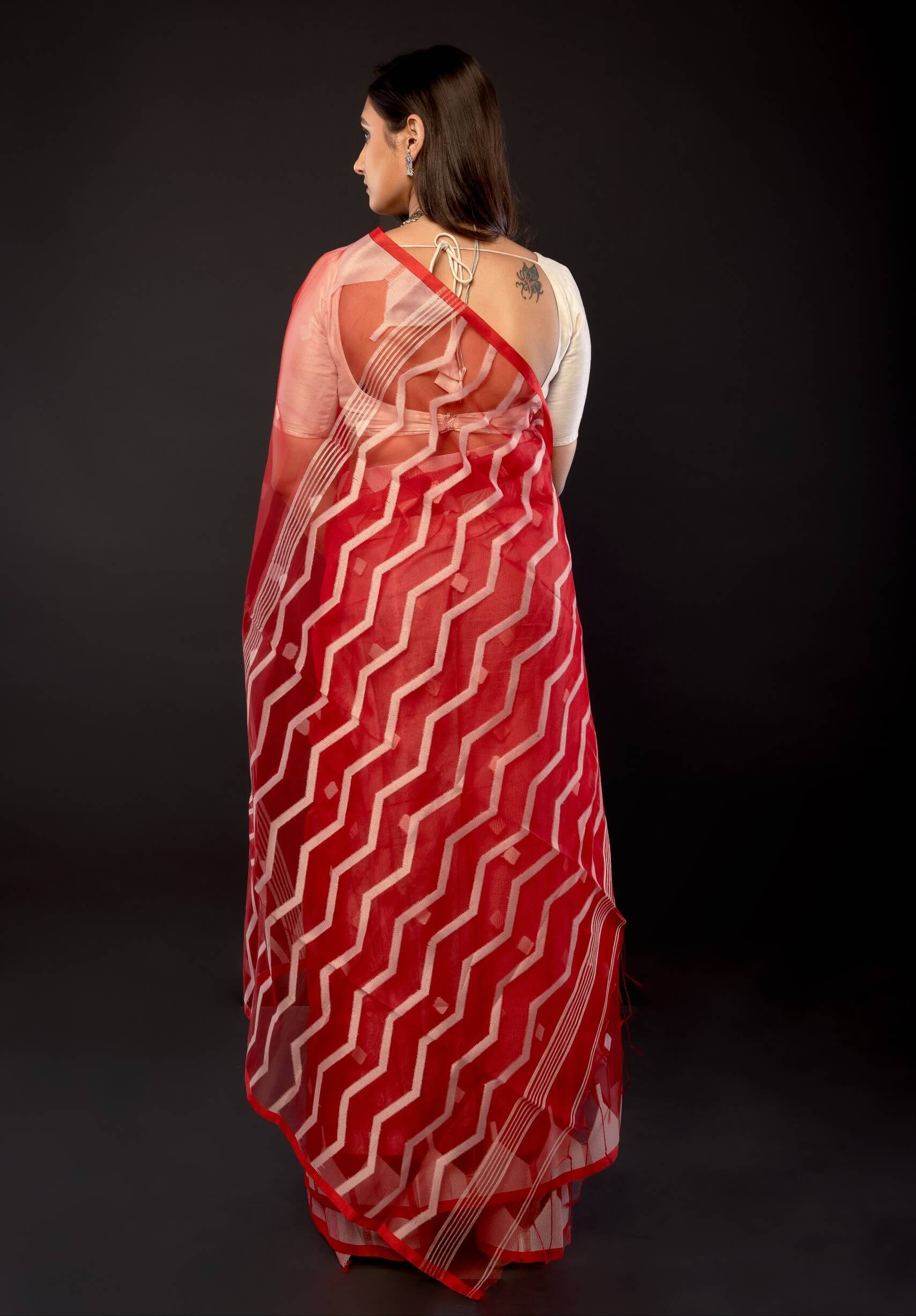 Red Handloom Muslin Jamdani Saree with All Over Boota and Contrasting White Temple Border - Anvi Couture
